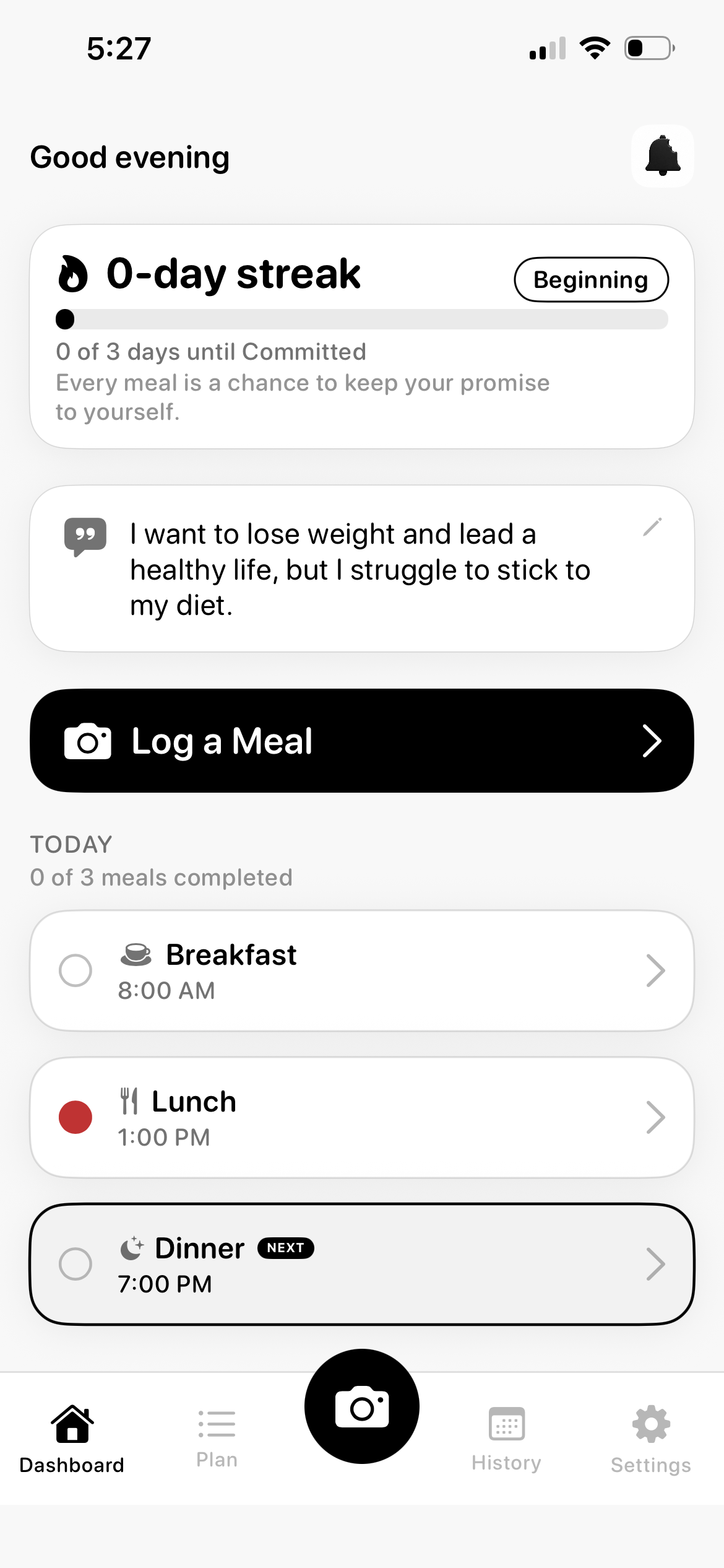 CommitU dashboard showing today's meals and streak